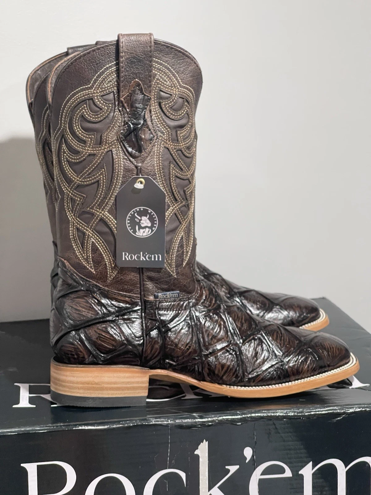 ROCK’EM LEATHER BROWN FISH SQUARE TOE BOOTS MENS 9.5 EE NIB