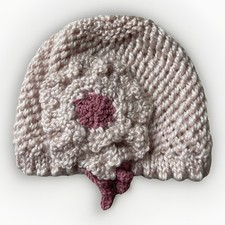 Hand Made Girls Beanie Hat Flower Pink Fits Ages 4-6 Boho Easter