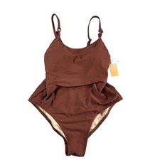 Kona Sol Swimsuit Womens Large Brown Padded Accent One Piece Medium Coverage NWT
