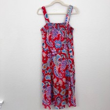 Talbots Womens Strapless Sun Midi Dress Size 14 Petite Paisley Summer Cotton Red