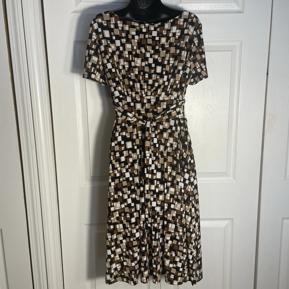 Vestido Vintage Y2K Danny Nicole Mujer 12 Marrón Geométrico Plisado Espalda Corbata Elástica Foto 2 de 4