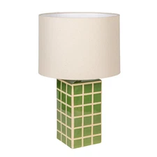 Green Grid Stoneware Table Lamp with Linen Shade