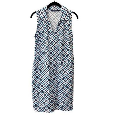 Katherine Way St Regis Blue Geometric Trellis Sleeveless Golf Dress Size Medium