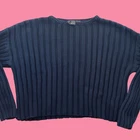 Medium Vintage Women's Blue Ribbed Knit Sweater By Lizweaar 90s boxy Crop Style