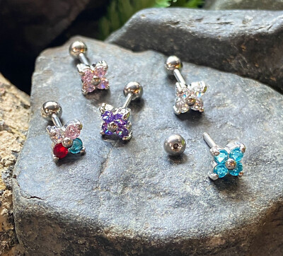 1pc Prong Set Flower Gem Tragus Helix Cartilage Ring 16g 1/4