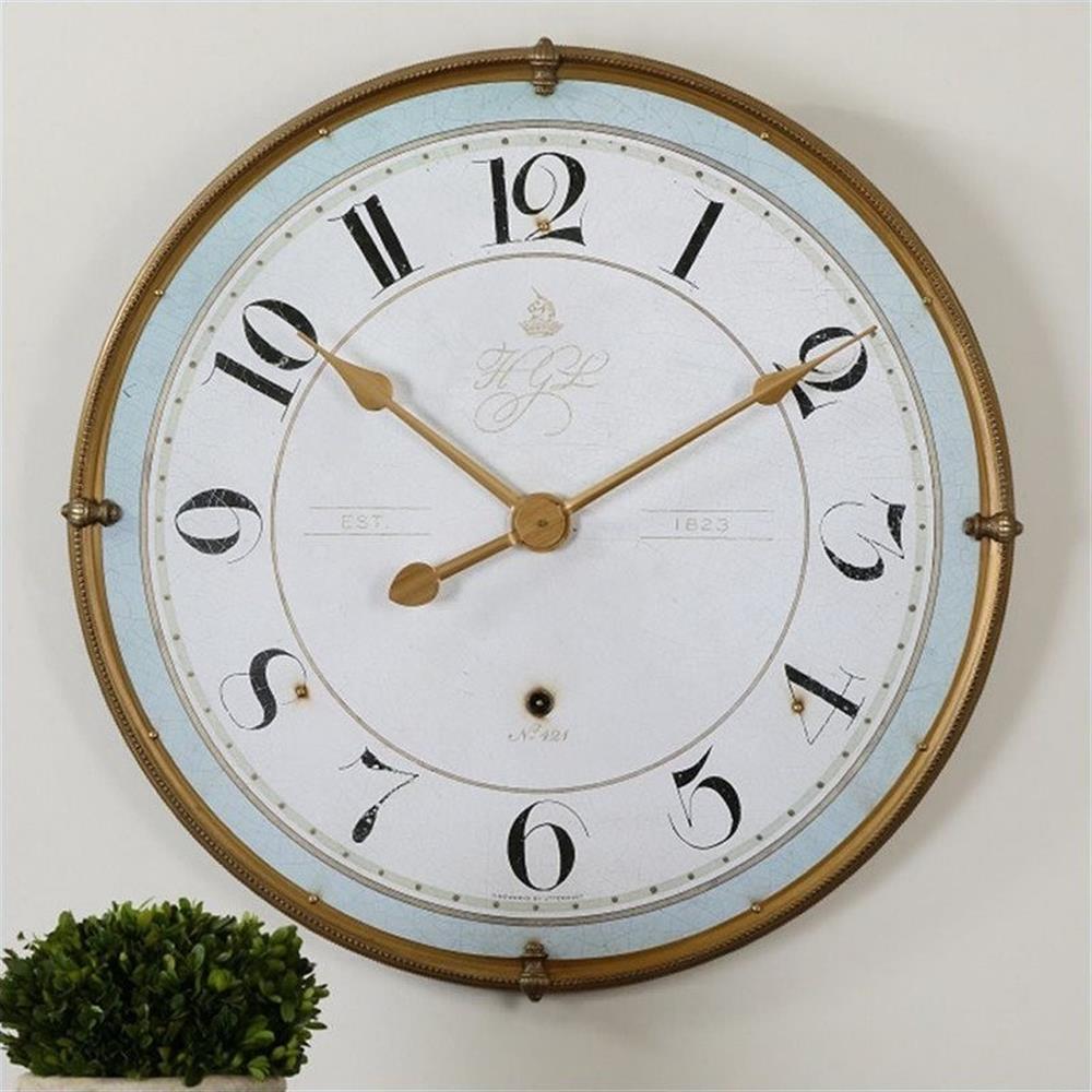 Uttermost Torriana Wood and Metal Wall Clock in Antique Gold/Pale Blue