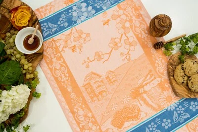CRYSTAL ARROW Honey Bee Jacquard Kitchen Dish/Tea Towel Orange Blue 100% Cotton Made in Czech