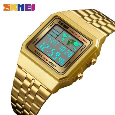 3atm Wasserdicht Sportuhr Weltzeit Digital EL Herren Damen Armbanduhr Geschenkbox