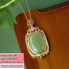 Green Jade Crystal Pendant Necklace Charm 18K Gold Plated Chain Dainty Gemstone