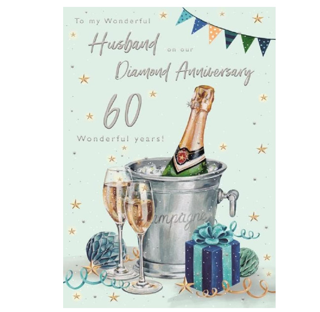 Anniversary Card DIAMOND HUSBAND 60th. **9 Inch Card. Foiling. Pages inside**