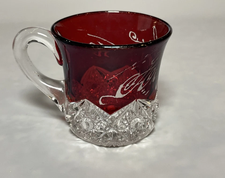 Jefferson Glass Co Star AKA Diamond Peg Ruby Stain Souvenir 3" Mug 1910's Hazel - Image 3 of 4