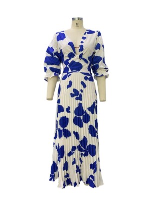 Summer New Women's Fashion V-neck Middle Sleeve Mid length Casual Print Dress