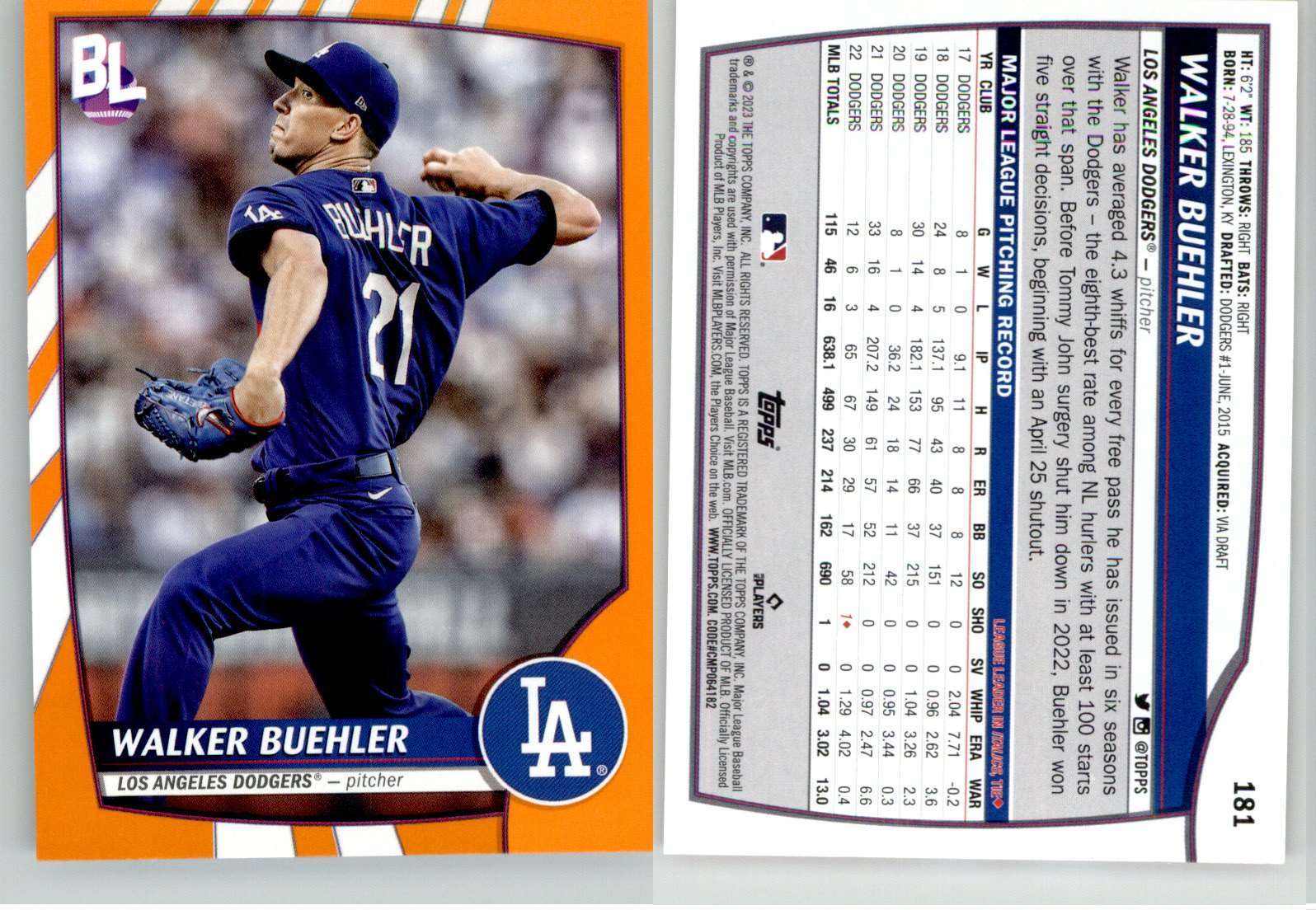 Walker Buehler 2023 Topps Big League Electric Orange #181 Dodgers