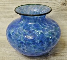 Hand Blown Art Glass Blue Green Swirl Vase Signed
