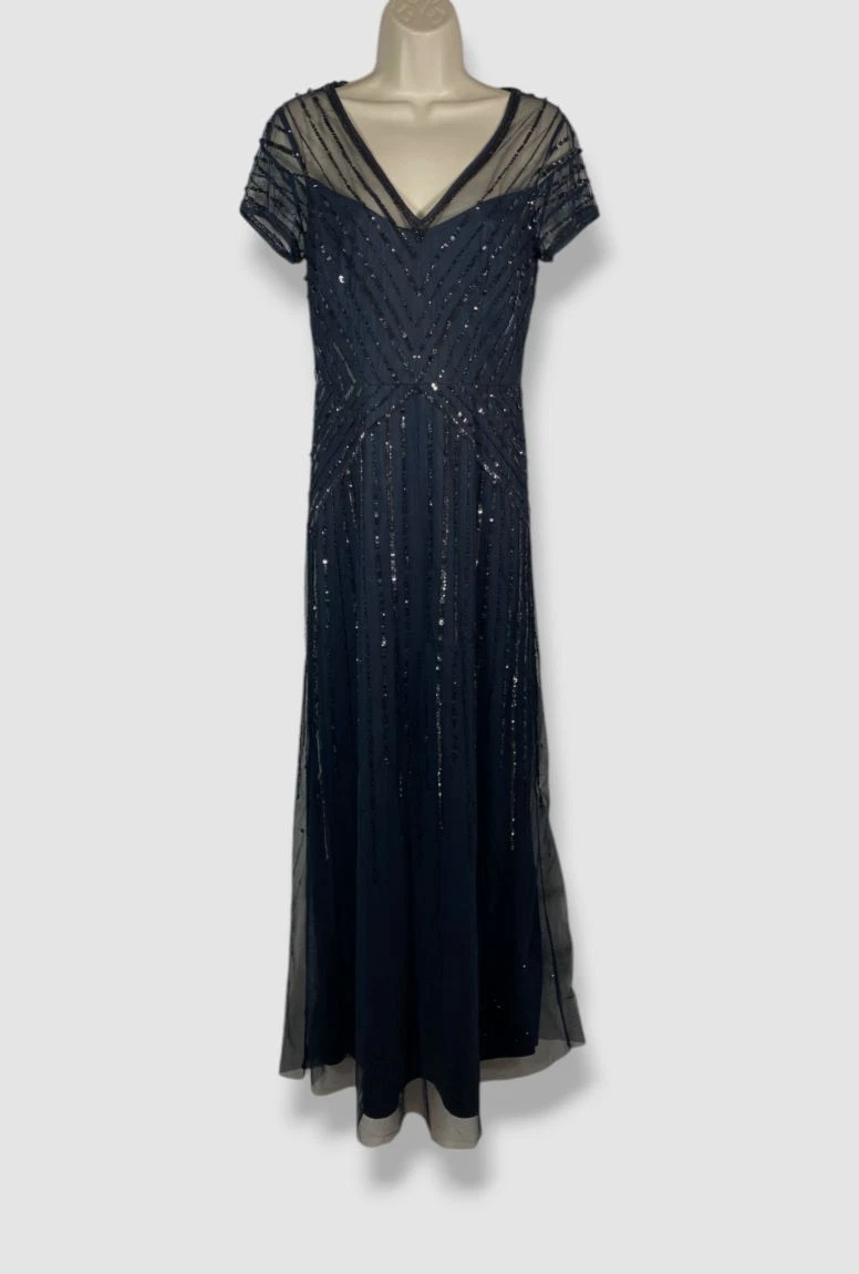 adrianna papell beaded v neck dress Adrianna Papell V-Neck Dolman Sleeves Blouson Zipper Closure Beaded Mesh  Gown