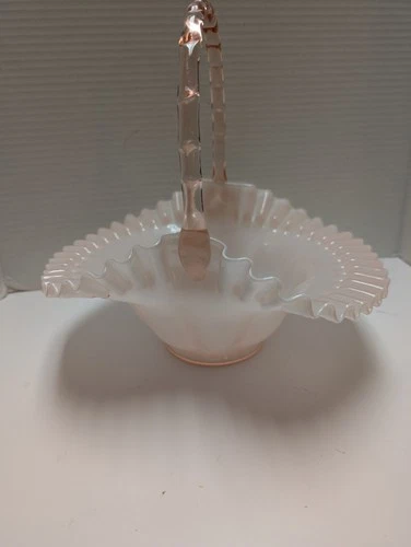 Vtg Fenton Pink Overlay Cased Brides Basket  Ruffled Edge Applied Handle 10x10"