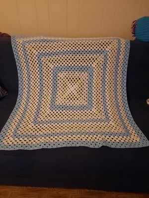 Handmade Crocheted Baby Blanket Pastel Blue Yellow White Excellent Condition 