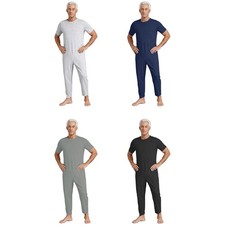 Men Jumpsuit Seniors Sleepwear Elderly Daily Wear Short Sleeve Solid Color Care