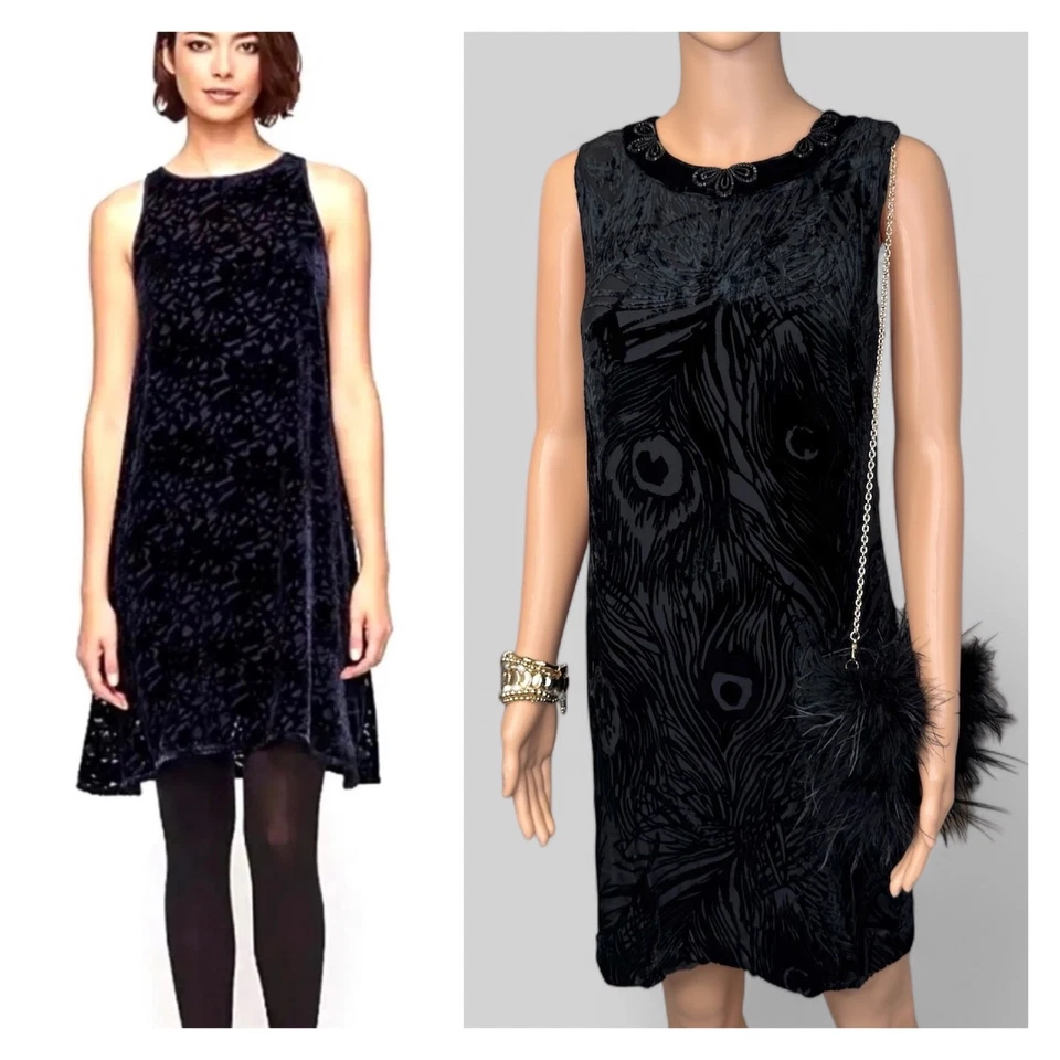 Vestido de seda de terciopelo para mujer talla 8 adornado pavo real Art Deco Gatsby caprichoso Foto 2 de 4