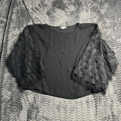 H&M Size 36 Black Blouse Sleeve 3/4 Oversize Fringe