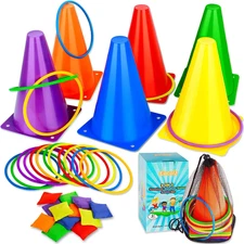 3 in 1 Carnival Games Set, Soft Plastic Cones Bean Bags Ring Toss Games for Kids