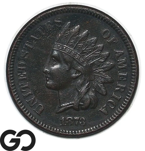1873 Indian Head Cent Penny Open "3" Choice AU Details, Better Date