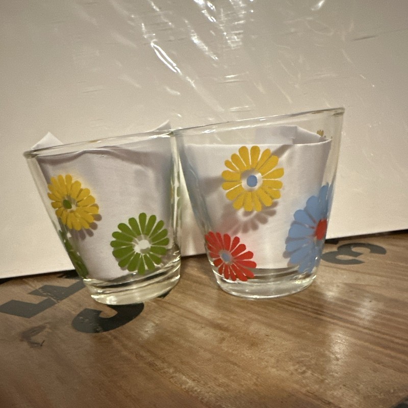 Set of 2 Clear Glass Tapered 8 oz Drinking Glasses Multicolor Floral Retro Daisy