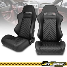 Universal Pair Reclinable Racing Seats Dual Sliders Black Pu Leather V Stitch