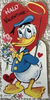 Unused Valentine Donald Duck Disney Halo Flowers Vintage Greeting Card 1960s