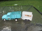 Tonka No. 56 Jeep Dump TLC Stake Truck windshield crack with Horse Trailer