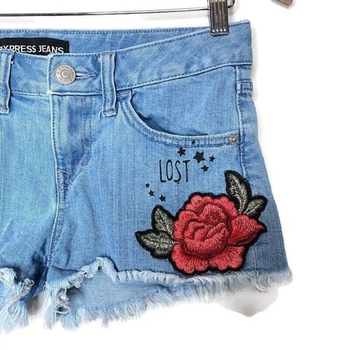Express Cut Off Denim Shorts Size 0 Embroidered Floral Patch Distressed Jeans - Picture 2 of 11