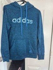 adidas Blue Fleece Pullover Hoodie S Climawarm Logo Drawstring Pockets