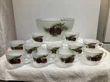 Vintage Anchor Hocking Frosted Glass Thanksgiving Pine Cone Punch Set