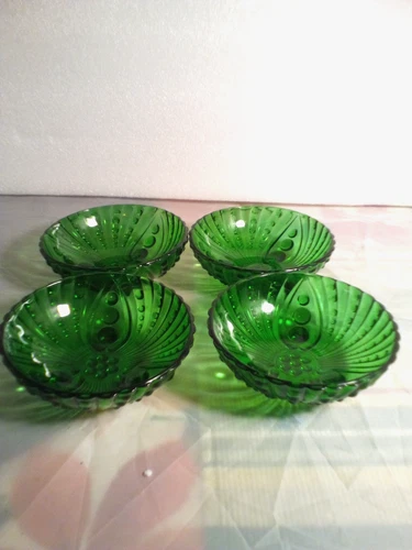 Mid-Century ANCHOR HOCKING Dark Emerald Green Hobnail Glass Berry/Salad Bowl Set