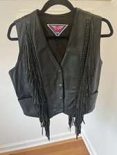 Vintage Black Genuine Leather Fringe Vest MOB Sz Medium Biker 90s Western