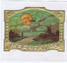 Maaneklips  inner cigar box label, personified moon smoking cigar