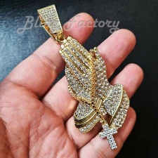 HIP HOP GOLD PLATED ALLOY ICED CUBIC ZIRCONIA LARGE PRAYING HANDS CROSS PENDANT