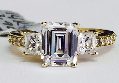 Solid 14K Yellow Gold Three Stone Emerald Cut Cubic Zirconia CZ ...
