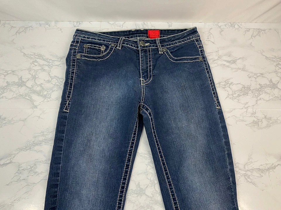 Pantalones de mezclilla V Cristina para mujer 6 azul oscuro adornados con joyas puntada gruesa I Foto 2 de 4