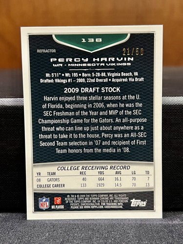 PERCY HARVIN 2009 Bowman Chrome GOLD Rookie Refractor #138 Vikings RC /50 - Picture 2 of 2