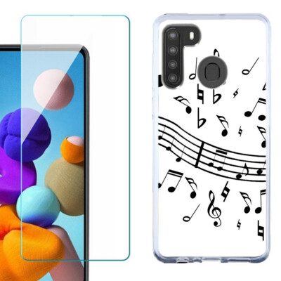 For Samsung Galaxy A21 Slim Case, Tempered Glass Music Notes