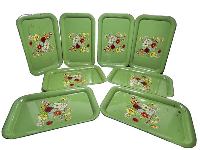 Vintage-Metal/Tin Green Serving Trays Red & Yellow Floral 14 1/4 x 9in-Lot of 8