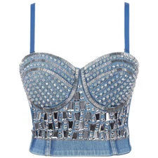 Women Beading Rhinestone Denim Corset Shape-Up Tank Top Stage Costume Detail