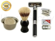 MEN'S WET SHAVING KIT/SET LONG HANDLE DE SAFETY RAZOR, BRUSH, CUP, SOAP, BLADES