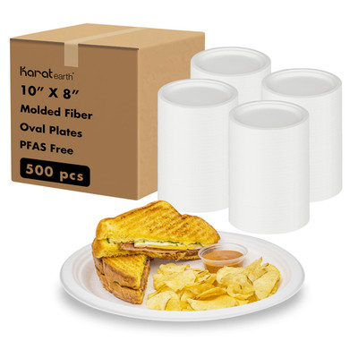 Karat Earth 10''x8'' Paper Oval Plates, PFAS Free, Molded Fiber, White - 500 pcs