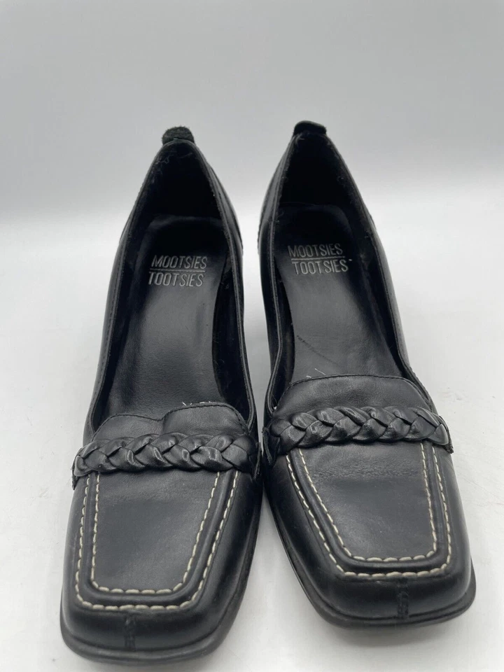 Mocasines Mootsies Tootsies Tacón Bloque Mujer Talla 6 Cuero Negro Puntera Cuadrada Foto 2 de 4