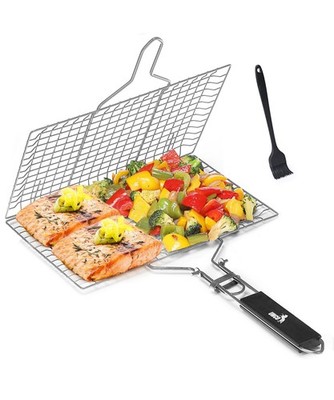 Grill Basket Fish Vegetable BBQ Grilling Stainless Steel 13x8in + Brush