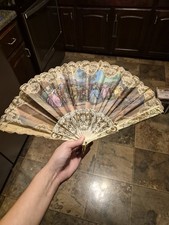 Vintage Victorian Folding Hand Fan With Lace Trim