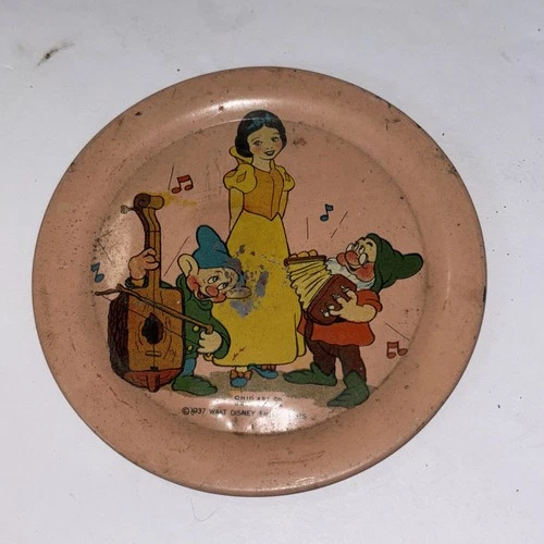 Vintage Ohio Art Tin 'Snow White' Plate 1937 Pink Antique Walt Disney