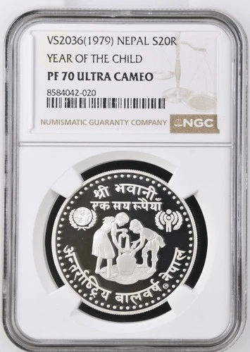 20 Rupia 1979 Year of the Child, Nepal NGC PF 70 Ultra Cameo Top Pop